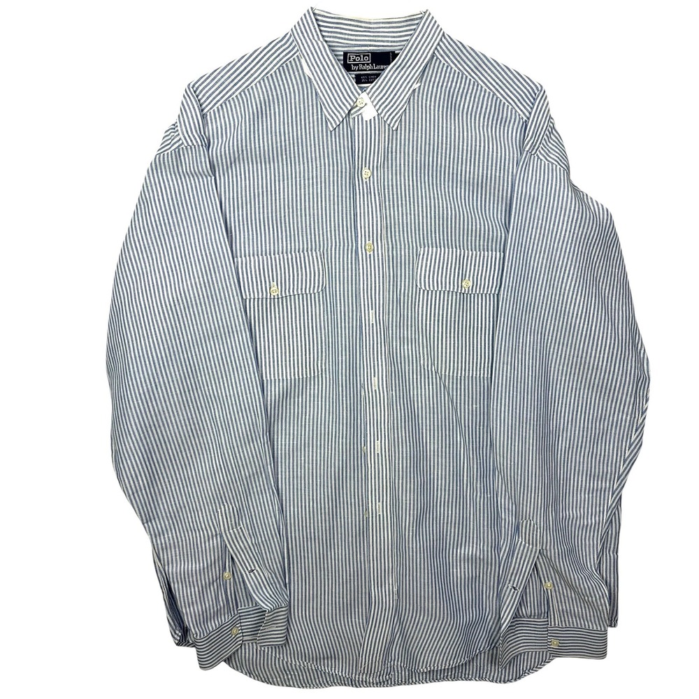 Polo Ralph Lauren Mens Shirt XL Blue White Striped Linen Cotton Button Down